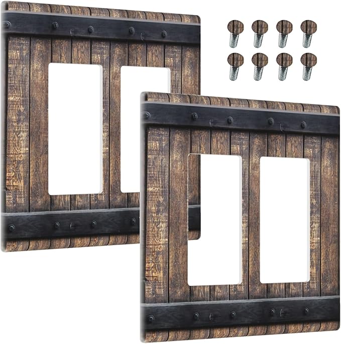 Outlet Covers Rustic Barn Door Vintage Country Wood Board 2 Gang Light Switch Cover Double Rocker Wall Plate Decorative GFCI Receptacle Electrical Switchplate for Farmhouse Cabin Decor（2 Pack）