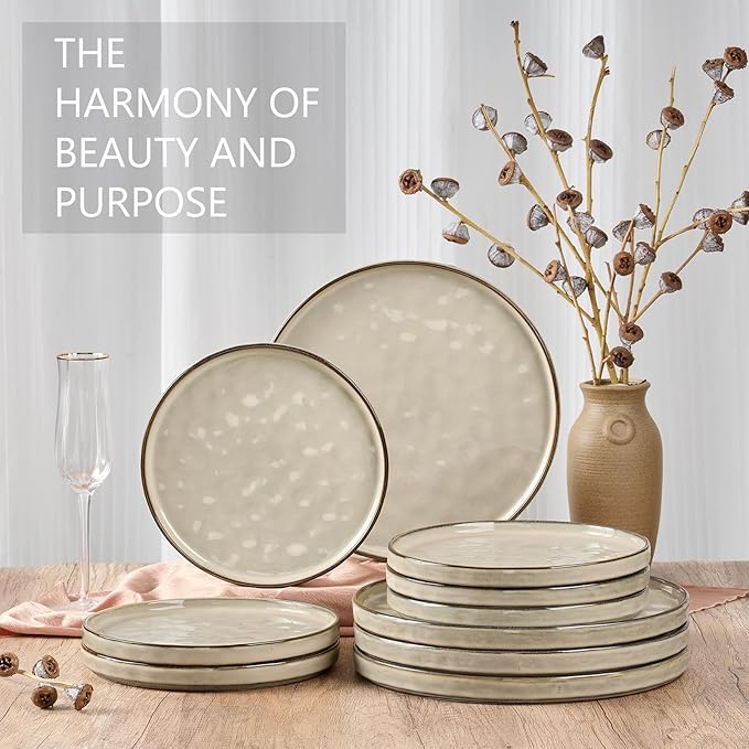 LIANYU Ceramic Plates Set for 4, 10.2In Porcelain Dinner Salad Appetizer Plates for Kitchen, Modern Round Stoneware Dining Dish Set, Scratch Resistant, Microwave, Oven and Dishwasher Safe, Sandy Beige