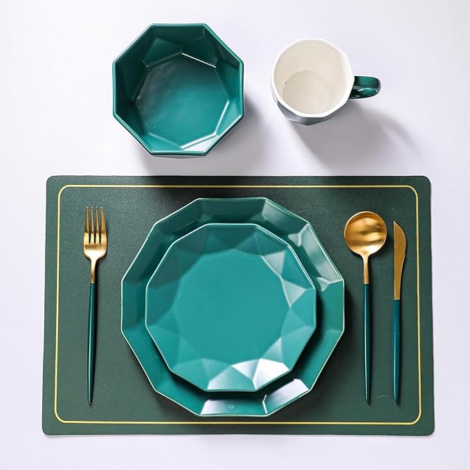 Stone + Lain Jamie Porcelain 16-Piece Geometric Dinnerware Set, Green