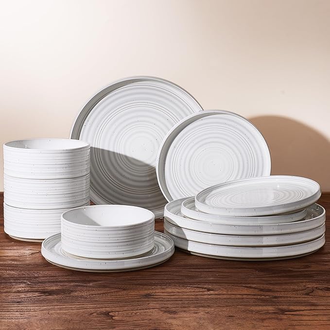 Stoneware Dinnerware Sets, Plate and Bowl Sets for 4, 12 Pieces Spiral Straight Dishware with Speckles and Reactive Glaze, Microwave Dishwasher Safe Family Tableware, White