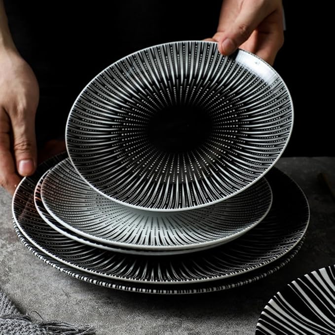 PRETYZOOM Nordic Style 10-inch Ceramic Dinner Plate with Black Striped Pattern, Western Pasta and Dessert Plate for Restaurant and Home Serving
