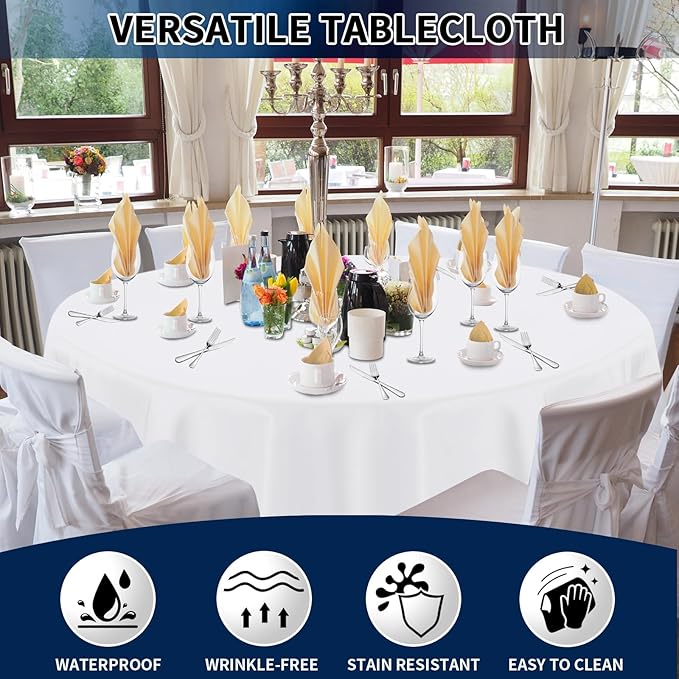 PureFit 8 Pack Round White Table Cloths 70 Inch for Round Tables, Stain and Wrinkle Resistant Table Linens for Home Use, Wedding, Party, Banquet and Camping