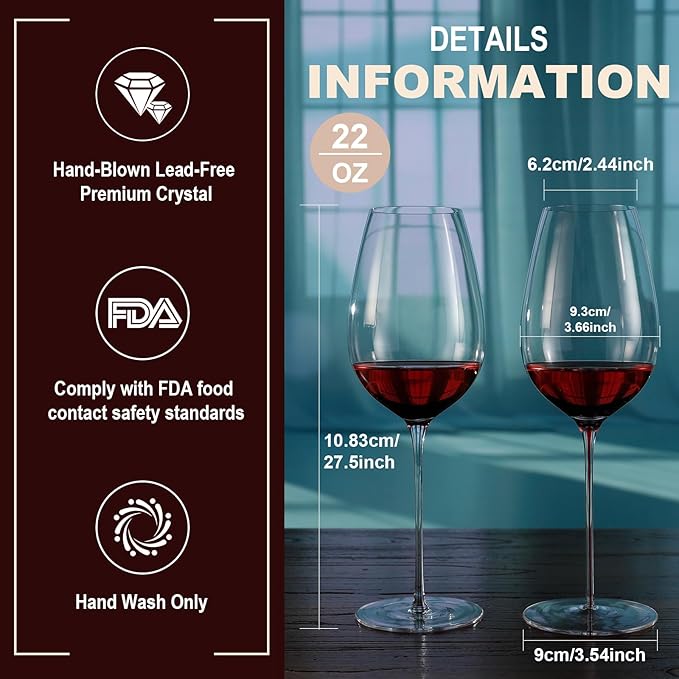 Red Wine Glasses Set of 4, 22oz, Hand Blown Premium Crystal Wine Glasses, Clear Stem,Thin Rim, - Perfect for Red or White, Daily Use,Unique Wedding Anniversary or Birthday Gift