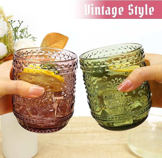 Topsky Vintage Drinking Glass Set of 4,12 oz Embossed Floral Drinkware Set,Colorful Drinking Glasses Cups Wine Glasses Colored Glassware for Whisky,Beer,Juice,Cocktail,Heavy Duty