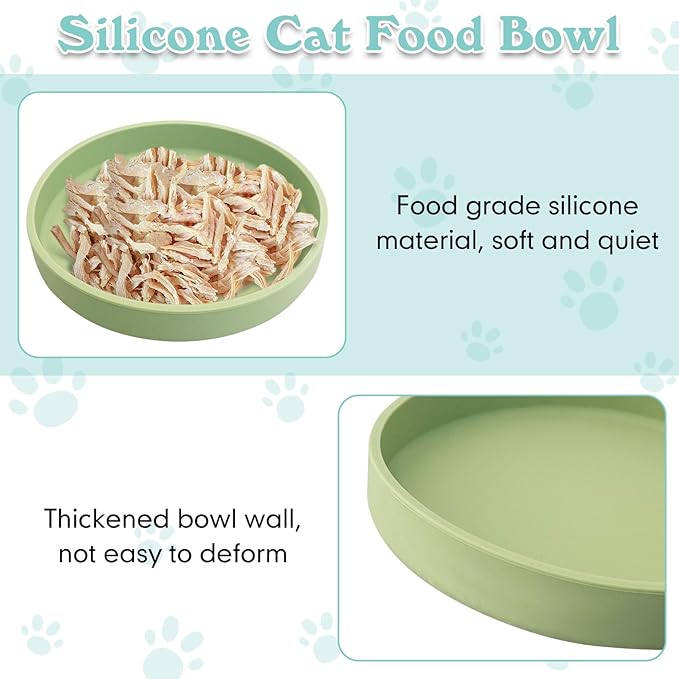 Silicone Cat Food Bowls Shallow Cat Dishes 5.9in Wide Pet Plates Set of 2 Small Flat Dog Saucer Bowl Cute Whisker Fatigue Kitten Feeding Dish for Dry & Wet Food (Round Bean Green)