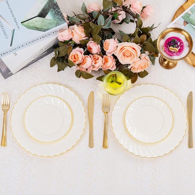 YOUBET 125PCS Ivory Scalloped Plastic Plates - Image 9