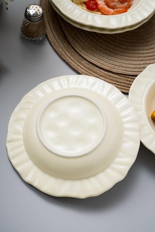 Ceramic Soup Bowls 8.6 in, Pasta Bowls & Plates, Cream color Floral-Embossed Wide Rim Shallow Bowls Set of 2, Italian Carving Design, Matte Finish Porcelain, Microwave & Dishwasher Safe