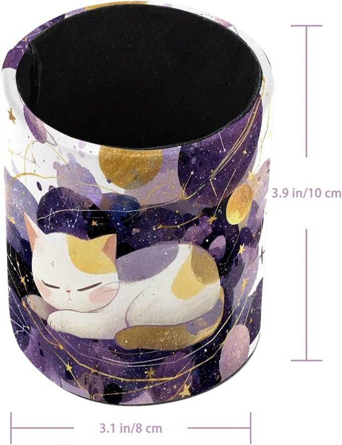 Leather Pen Holder for Desk, Space Cat Pencil Cup Pen Organizer Makeup Brush - Image 3