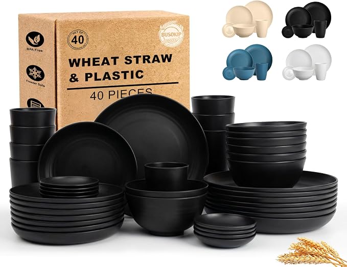 Plates and Bowls Sets for 8, Wheat Straw Dinnerware Sets 40 Piece, Unbreakable by BUSOKIP