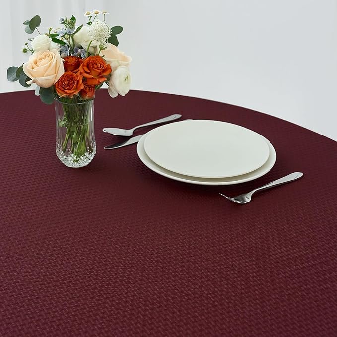 maxmill Round Weaved Texture Design Tablecloth Spill-Proof Wrinkle Free Soft Washable Table Cloth for Circular Table Cover, for Dining Room Buffet Banquet Parties Holiday Dinner, 90 Inch Burgundy