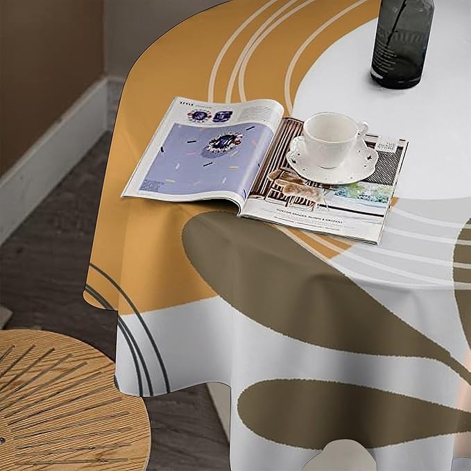 Boho Mid Century Round Tablecloth, Bohemian Abstract Modern Leaves Tablecloth for Home Party Dining Room Kitchen Decor 50Inch(127cm)