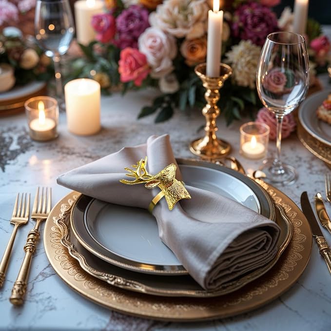 Decozen Set of 4 Gold Napkin Rings in Stag Design, Festive, Table Decor Setting for Holiday, Wedding, Birthday, Kitchen, Home Decor, Housewarming Gift - Thanksgiving & Christmas Gift Decoration