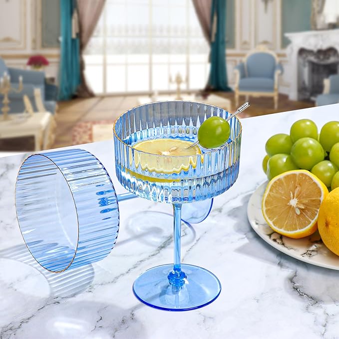 XUWAIDSGN 24 Pcs Champagne Martini Glasses 9 Oz with Gilded Removable Gold Rim Coupe Glasses Pink Martini Glasses Plastic Mimosa Vintage Coupe Glasses Set For Wedding Anniversary (24, Clear Blue)