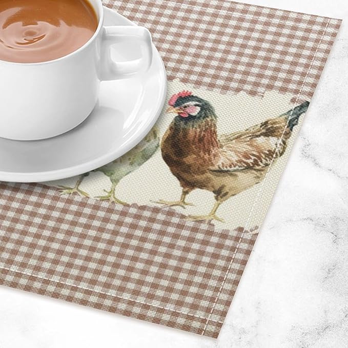 Rustic Rooster Placemat Set, Vintage Boho Farmhouse Colorful Watertcolor Chicken Pink Plaid Pattern Home Decor Table Mats for Dining Room Kitchen Party (17x12in) x2P