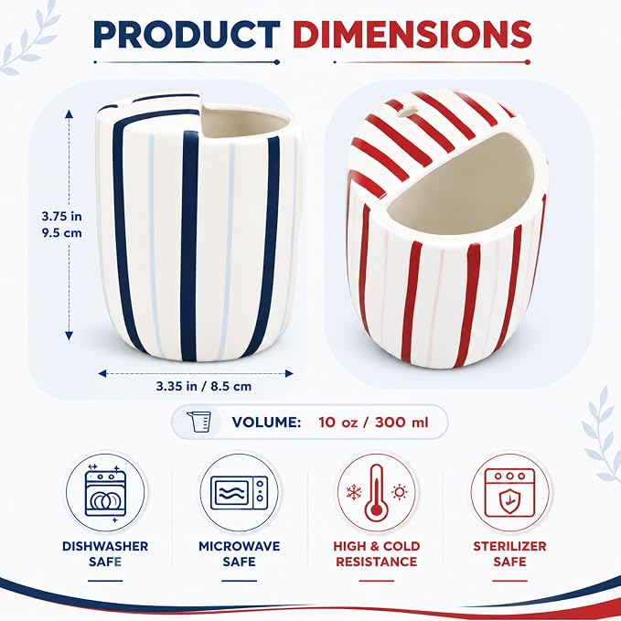 2 Pcs Ceramic Mug with Sip Hole 10 oz Deep Blue Red Striped Ceramic Coffee Mug - Image 2