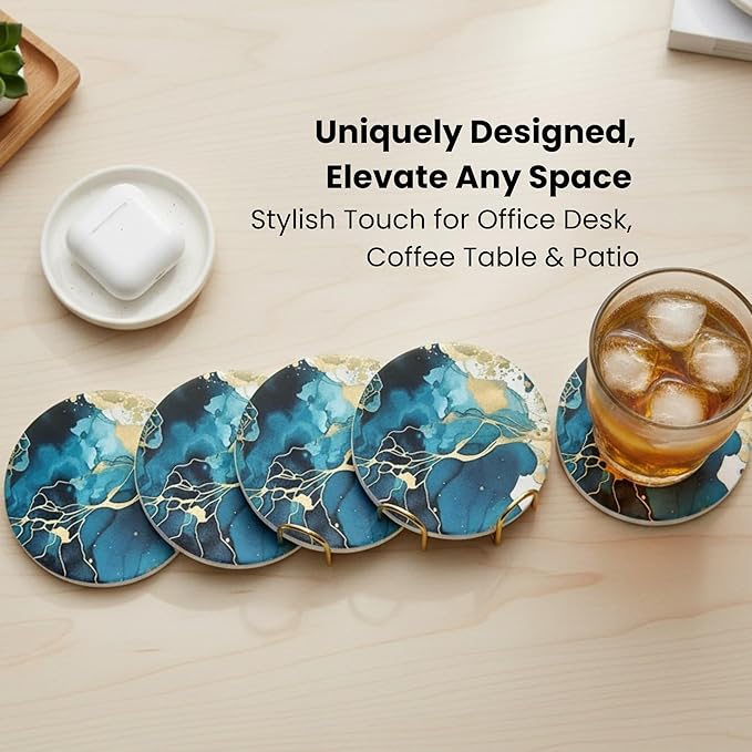 Ceramic Absorbent Coasters Set of 6 with Holder, Marble Drink Coasters for Coffee Table, Water Absorbing Coaster (Teal)