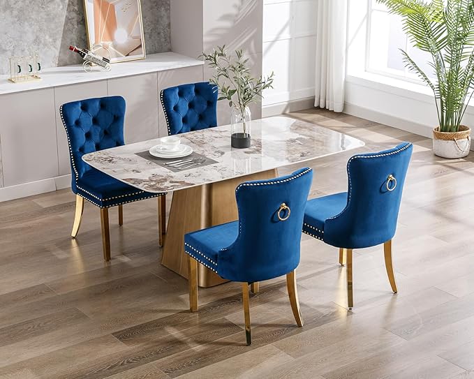 KCC Velvet Dining Chairs Set of 2, Upholstered High-end Tufted Dining Chair with Nailhead Back Ring Pull Trim Stainless Steel Legs, Contemporary Nikki Collection Modern Style for Kitchen, Blue