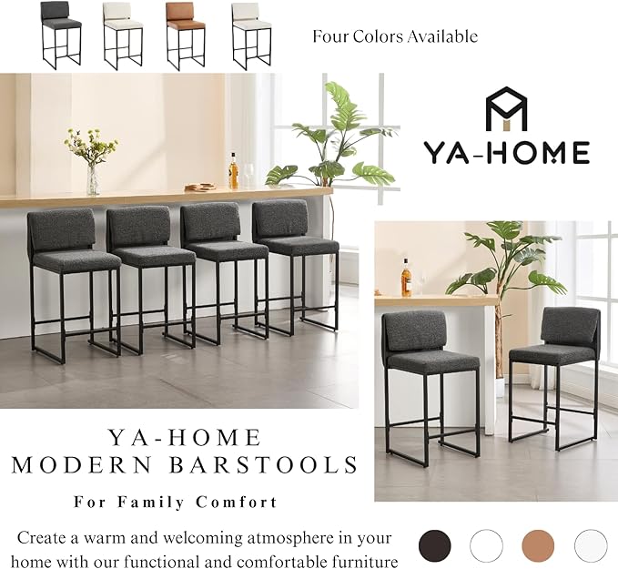 Modern Barstools Set of 4, 26” Upholstered Counter Height Bar Stools Sherpa Fabric Counter Stools with Padded Back Metal Frame for Kitchen Island Dining Room, Black