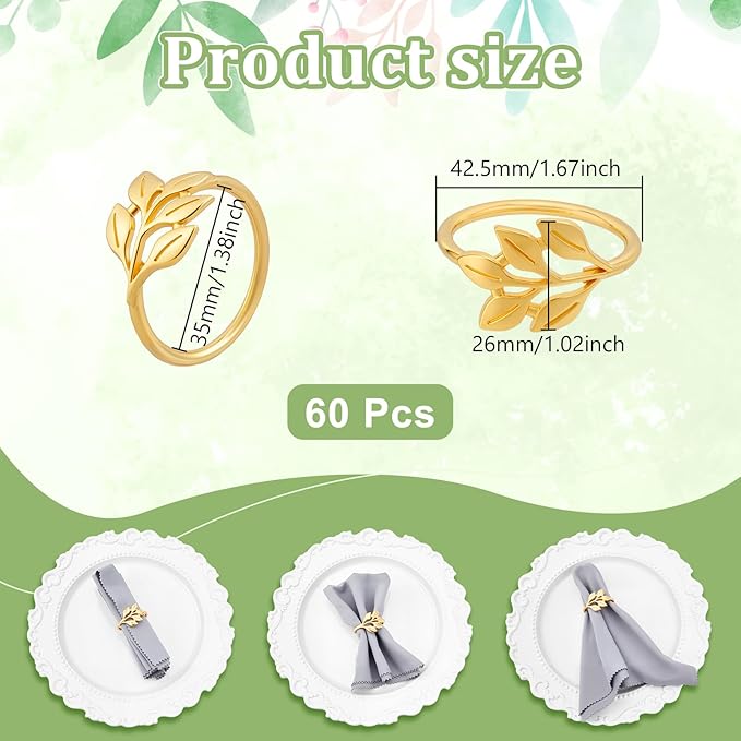 Peacoblue 60Pcs Gold Leaf Rings Holders Modern Stainless Steel Napkin Ring Holders for Table Decor Settings, Vintage Napkin Ring for Wedding Christmas Thanksgiving Day Party
