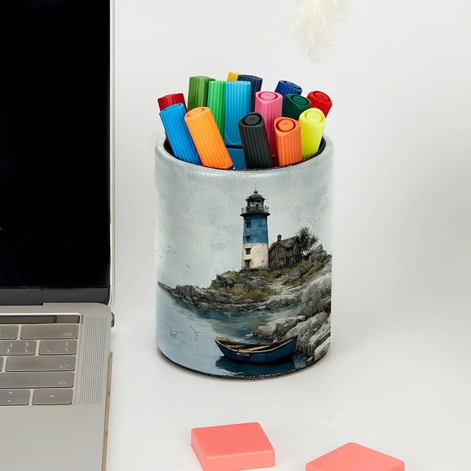 Leather Pen Holder for Desk, Coastal Lighthouse Pencil Cup Pen Organizer Makeup - Image 5