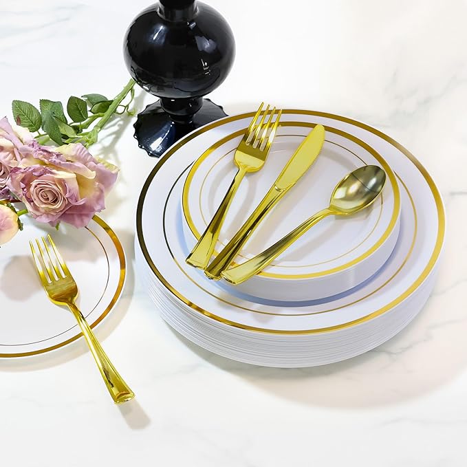 200 PCS Gold Plastic Plates Disposable, White and Gold Plastic Plates Include 100 Dinner Plate and 100 Dessert Plate Perfect for Holiday, Party & Wedding
