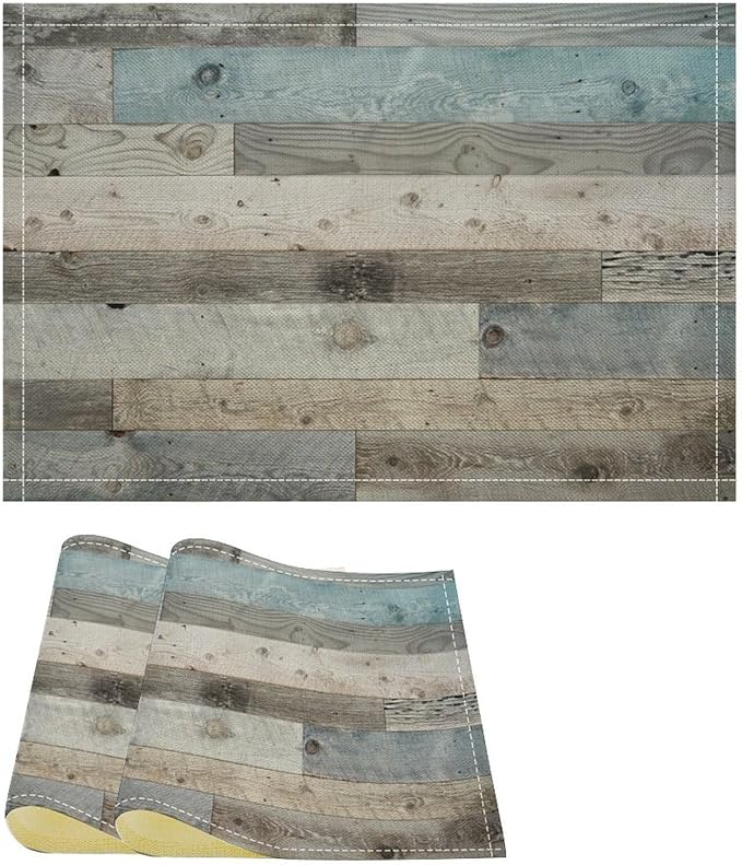 Rustic Plank Placemat Set, Vintage Old Shabby Colorful Beige Brown Blue Farmhouse Barn Wooden Board Pattern Home Decor Linen Table Mats for Dining Room Kitchen Party (17x12in) x2P
