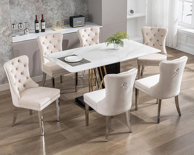 KCC Velvet Dining Chairs Set of 4, Upholstered High-end Tufted Dining Room Chair with Nailhead Back Ring Pull Trim Stainless Steel Legs, Contemporary Nikki Collection Modern Style for Kitchen, Beige