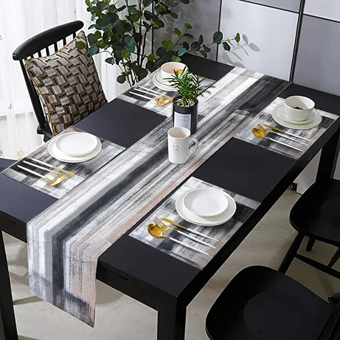 Black and Grey Modern Table Runner and Place Mats Set of 6 Abstract Black and by TQFZP