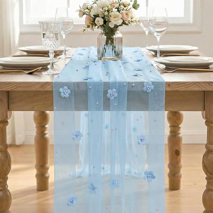 Artoid Mode Blue Flower Pearl Blue Gauze Table Runner 10FT 3PC, Seasonal Sheer - Image 2