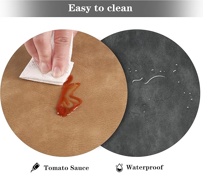 Round Placemats and Coasters Set of 4, Washable Reversible Faux Leather Placemats Cowhide Pattern Place Mats Wipeable Non-Slip 15 inch Round Kitchen Dining Table Mats (Gray Tan, 4)