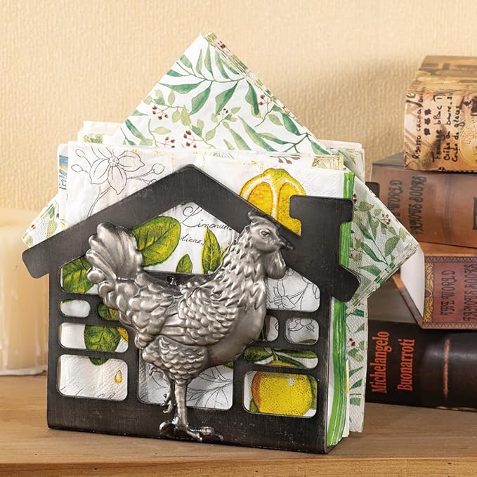 Metal Napkin Holder for Table, Antique Rooster Decorative Farm Style, Rustic Vertical Tissue Paper Napkins Holder for Paper Napkins (Rooster/Black)