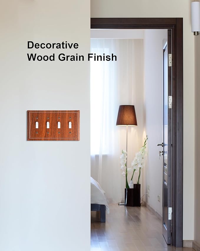 2-Pack Quad Toggle Light Switch Cover Plate, Wood Grain Decorative Switch Plate Covers, Natural Bamboo Fiber 4 Gang Wall Plate for Toggle Light Switch and Rotary Dimmer Switch