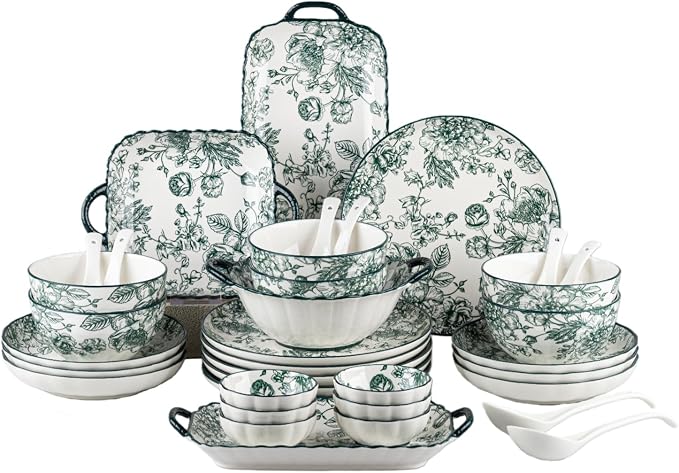 Ceramic Dinnerware Set, Floral Plates and Bowls Sets, Microwave & Dishwasher by FANGJING