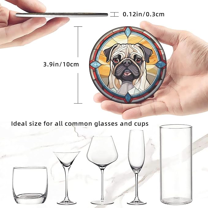 Drink Coaster Set of 6, Pug Dog Mom Lover Gift,Leather Drink Coasters with Holder,6 Pack Cup/Bar/Drink Coasters for Table/Drinks/Coffee Protection Housewarming Gift