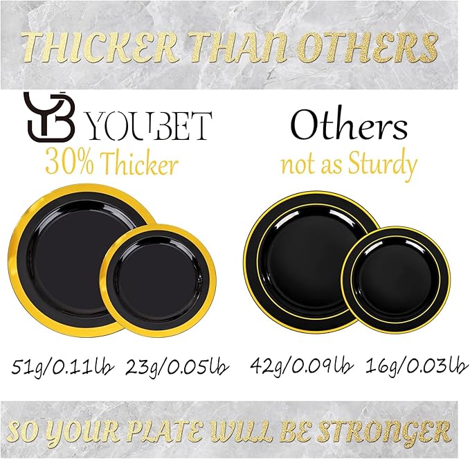 YOUBET 350PCS Black and Gold Plastic Plates - Gold Disposable Dinnerware Sets for 50 Guests - 100 Plastic Plates, 150 Gold Silverware, 50 Cups, 50 Pre Rolled Napkins for Party & Wedding