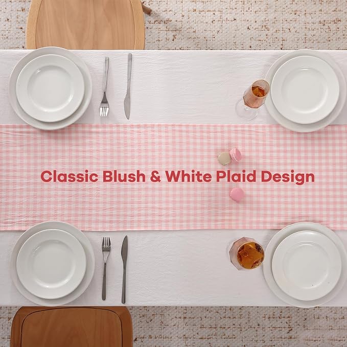 Peachy Blush White Plaid Gingham Ruffle Table Runner 72 inches Long 100% Washed - Image 4