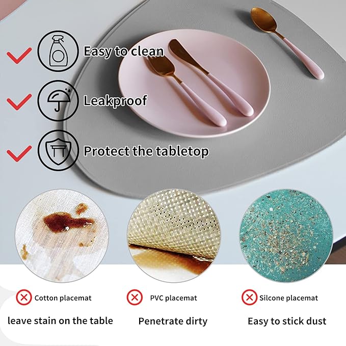 Faux Leather Placemats and Coasters Set of 2, Round Leather for Dinner Table Mats Heat Resistant Non-Slip Insulation Coffee Mats Kitchen Place Mats Nordic Style (Light Gray, 2 Placemats+2 Coasters)