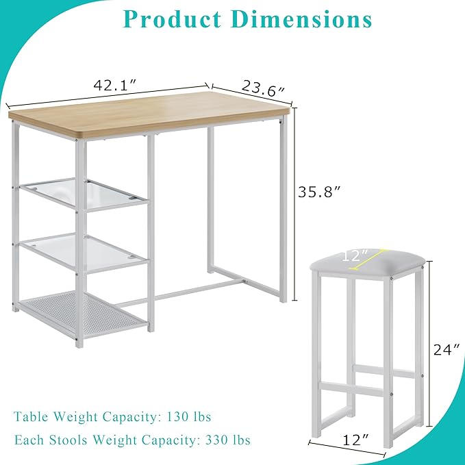 VECELO Small Bar Table and Chairs Set for 2, Upholstered Stools & Glass Storage Shelves, for Kitchen Dining Breakfast Nook, Space-Saving, Natural & White