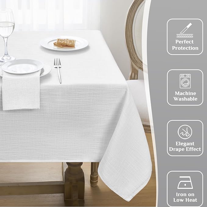 Softalker Linen Textured Rectangle Tablecloth, Waterproof Wipeable Farmhouse Burlap Table Cloth, Stain Resistant Wrinkle Free Table Covers for Kitchen Dining Holiday Party (60 x 104, White)