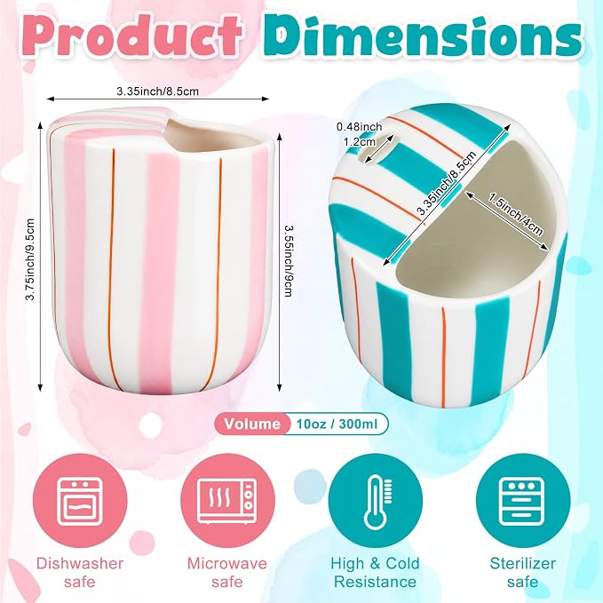 2 Pcs Ceramic Mug with Sip Hole 10 oz Pink Turquoise Striped Ceramic Coffee Mug - Image 2