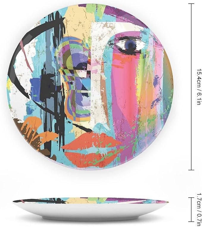 Ceramic Display Plate, Abstract Ceramic Hanging Decorative Plate, Woman Face Art Paint Strokes and Splashes Eye Red Lips Grungy, 7 Inch, Living Room Kitchen Decoration Household, Multicolor