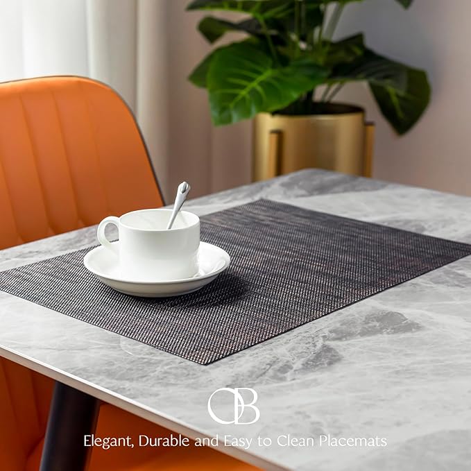 Placemats Set of 8 - Easy Clean Woven Vinyl Placemats for Dining Table, Indoor/Outdoor Place Mats, Washable PVC Table Mats（Black/Brown）