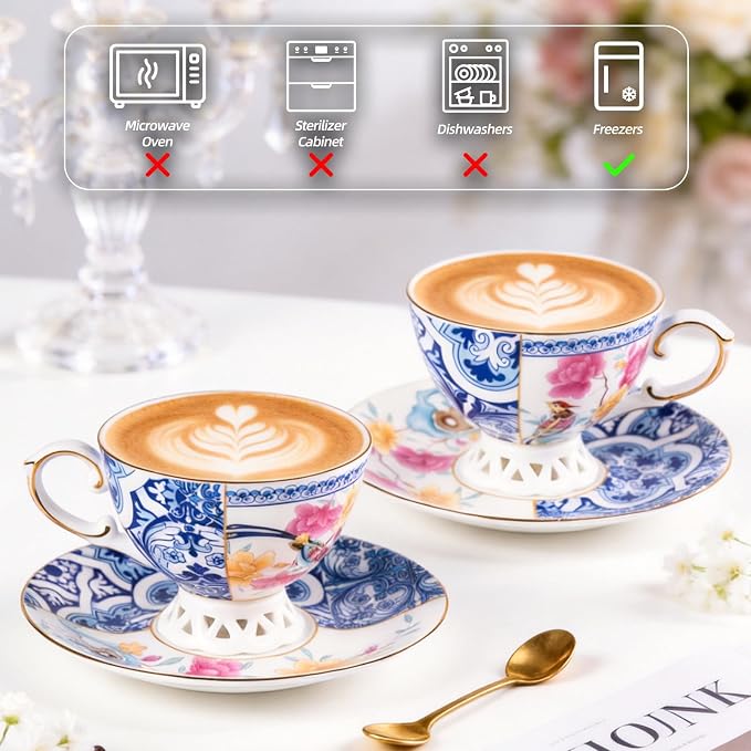 KAMMAK Tea Cups and Saucers Set of 2, Fine Bone China Coffee Cups, GH011 | - Image 6