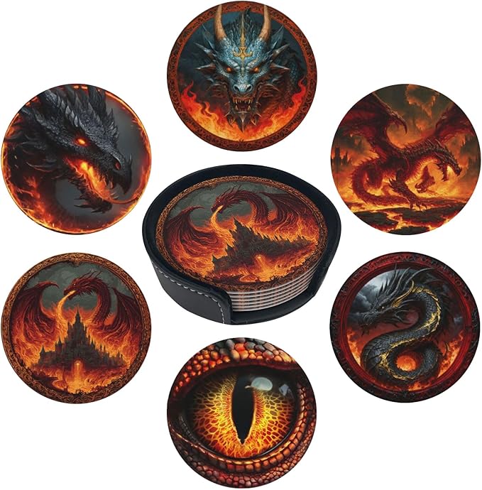 Dragon Coasters for Drinks with Holder Round Leather Coasters Set of 6 Cups Mugs Mat Pad for Home Kitchen Bar
