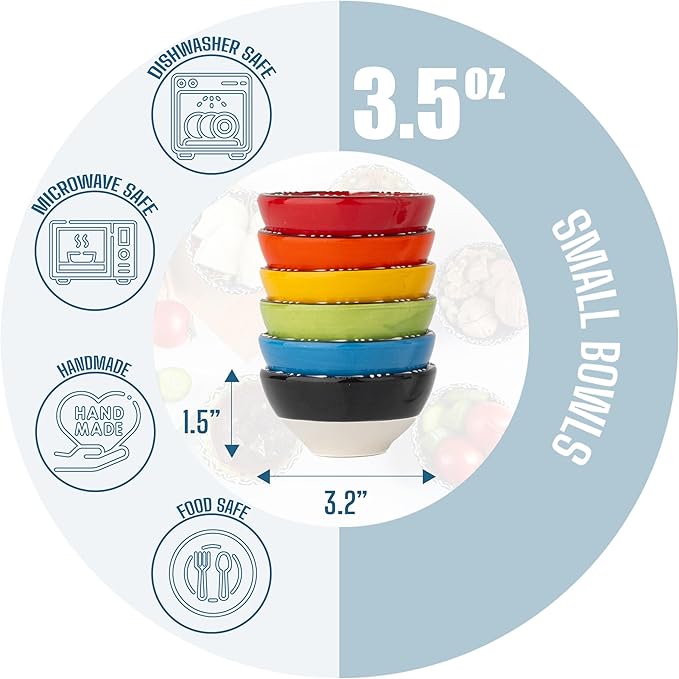 Ceramic Small Dipping Bowls Set of 6, 3.5 Oz Soy Sauce Dish, Handmade Charcuterie, Colorful Pinch, Dishwasher & Microwave Safe, 3.2'' Mini (FLOWER BLOOM)