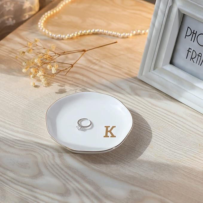 Initials Ring Dish Jewery Tray with personalized K-Monogrammed Gifts Wedding Engagement for Women Friends sister,Ceramic White