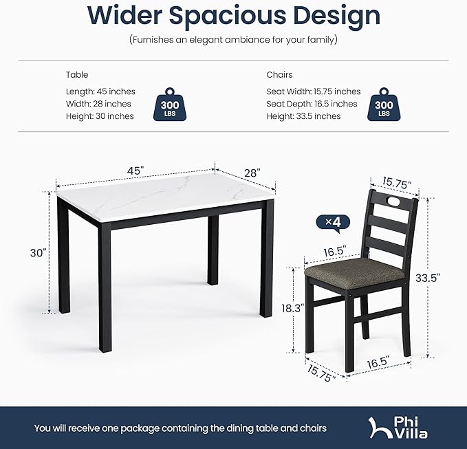 PHI VILLA Solid Wood Dining Table Set for 4, Marble Design Kitchen Table Chairs Set of 4, 5 Piece Space-Saving Dining Room Table Set for Apartment, Venatino White Marble& Black