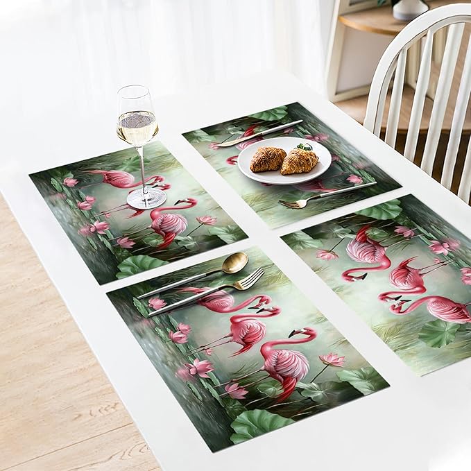 Flamingo Placemats Set of 4, Flamingo Tropical Flowers Place Mats, Wildlife Waterproof Washable Table Mats for Home Party Indoor Kitchen Dining Table Decoration 12x18 Inch