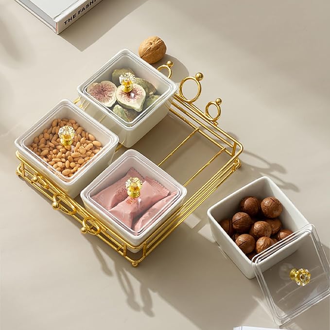 YA JU Ceramic Bowls and with Lid Gold Basket Trays, 3 Removable Small Bowls Condiment Trays Nut Serving Set for Snacks, Fruits, Candy and Condiments - Great for Parties, Holiday Gifts, White