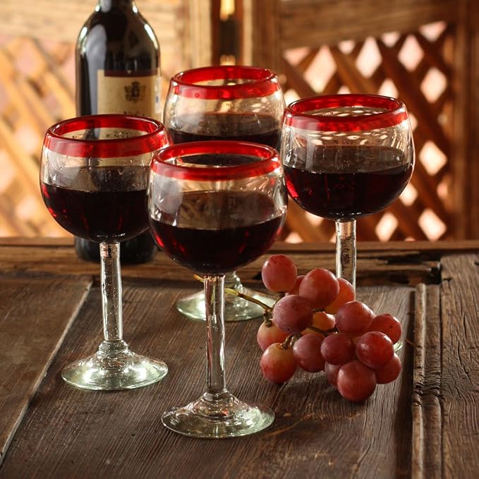 NOVICA Hand Blown Clear Red Recycled Glass Wine Glasses, 12 Oz 'Ruby Globe' - Image 2
